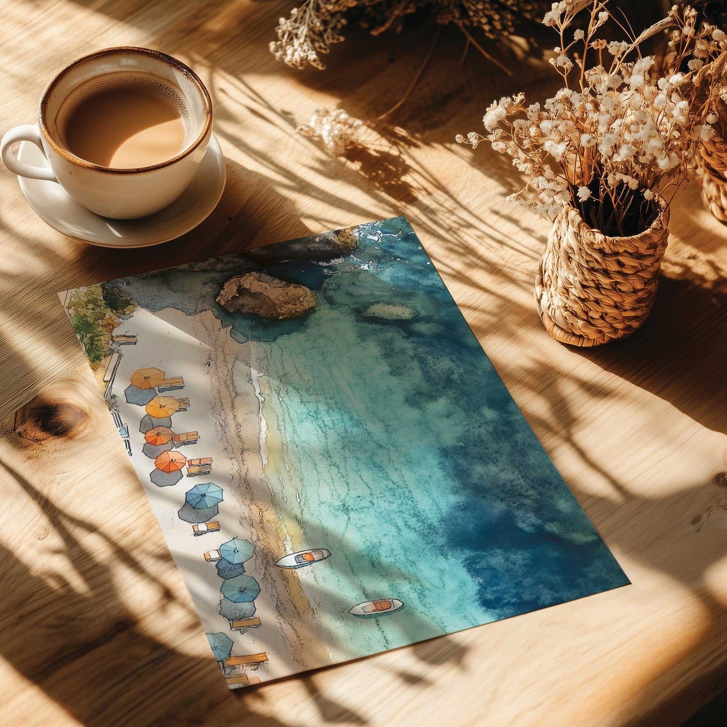 Colorful Beach Umbrellas and Boats from Above Art Print