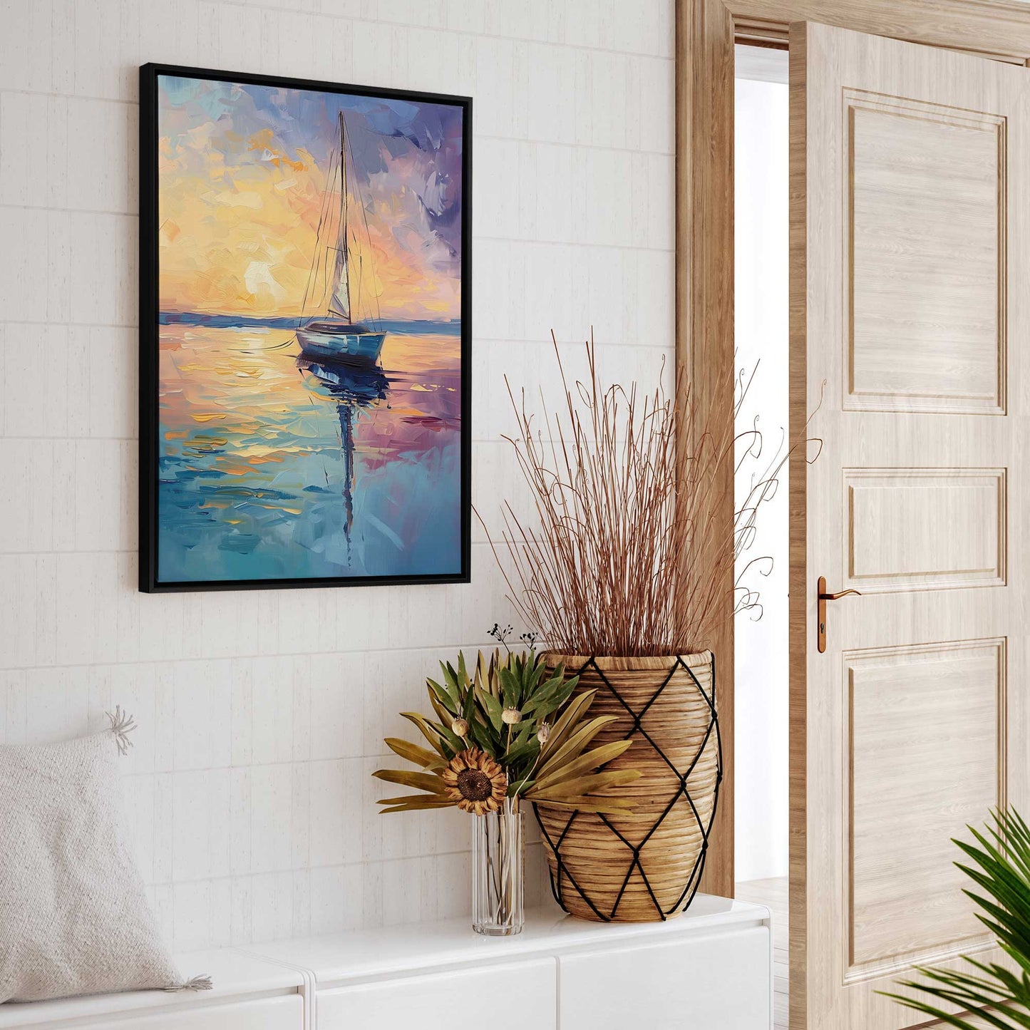 Bright Sunset Sailboat Canvas Print