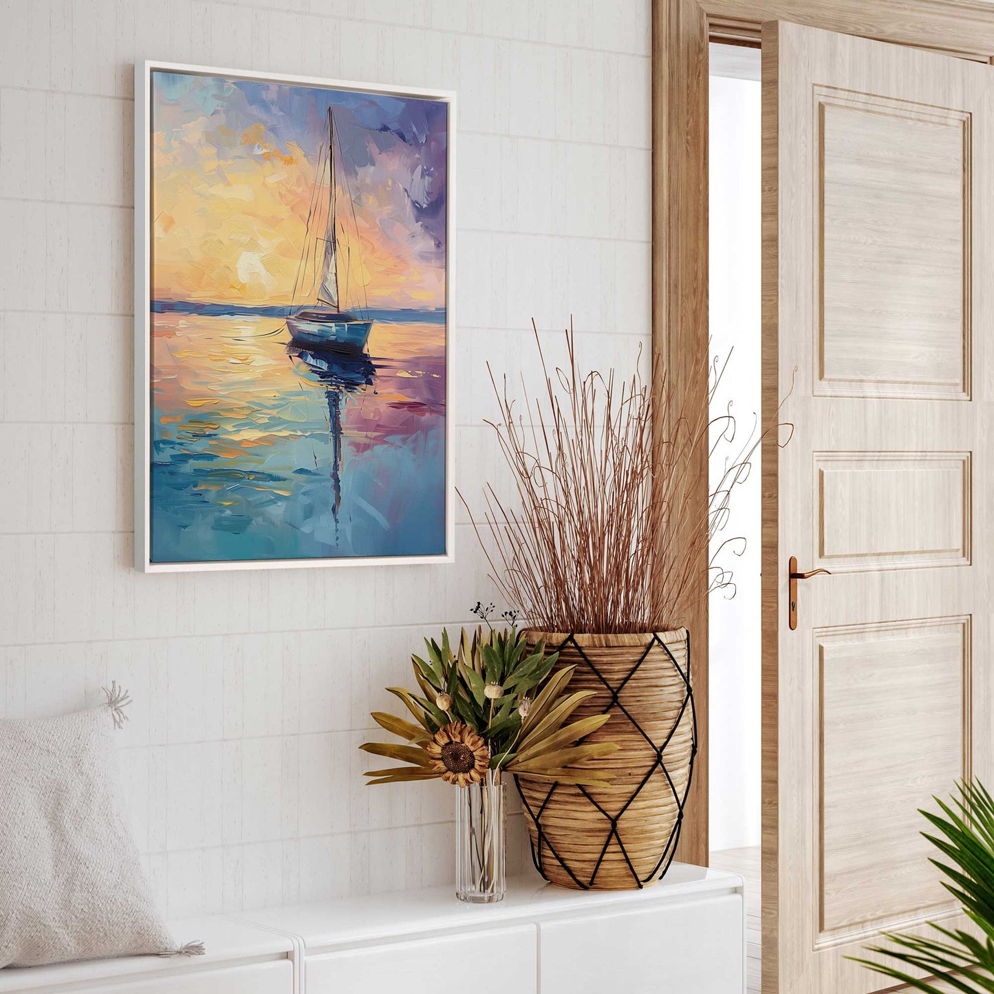 Bright Sunset Sailboat Canvas Print