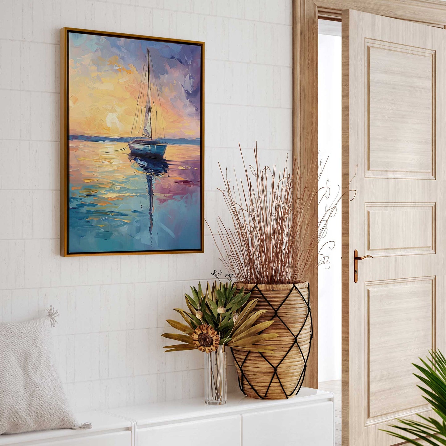 Bright Sunset Sailboat Canvas Print