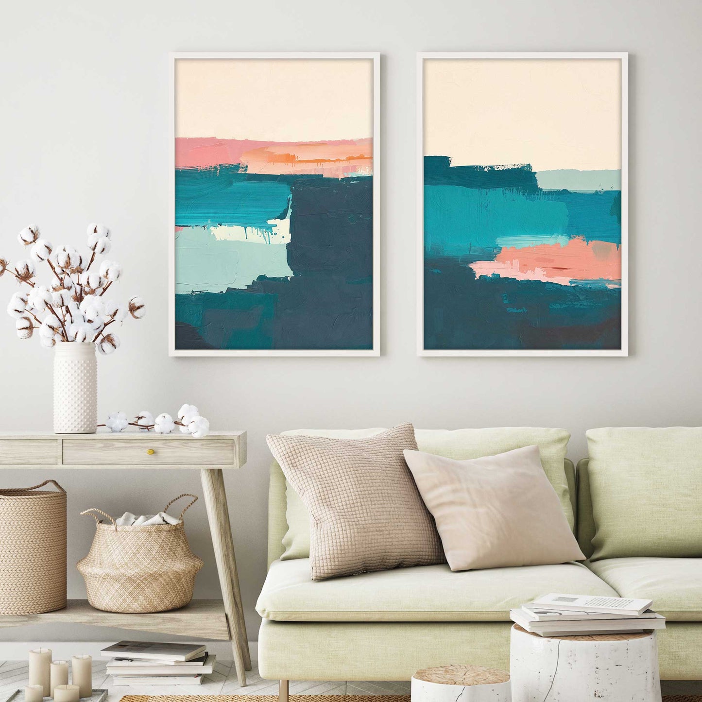 Pink and Blue Color Block Duo Art Print, Set of 2