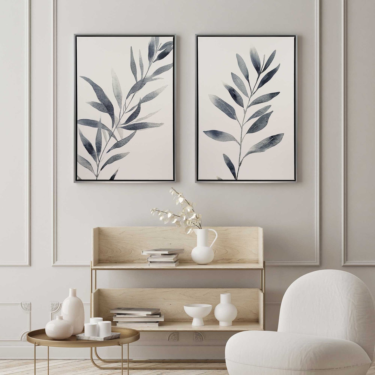 Soft Blue Leaves Canvas Print, Set of 2