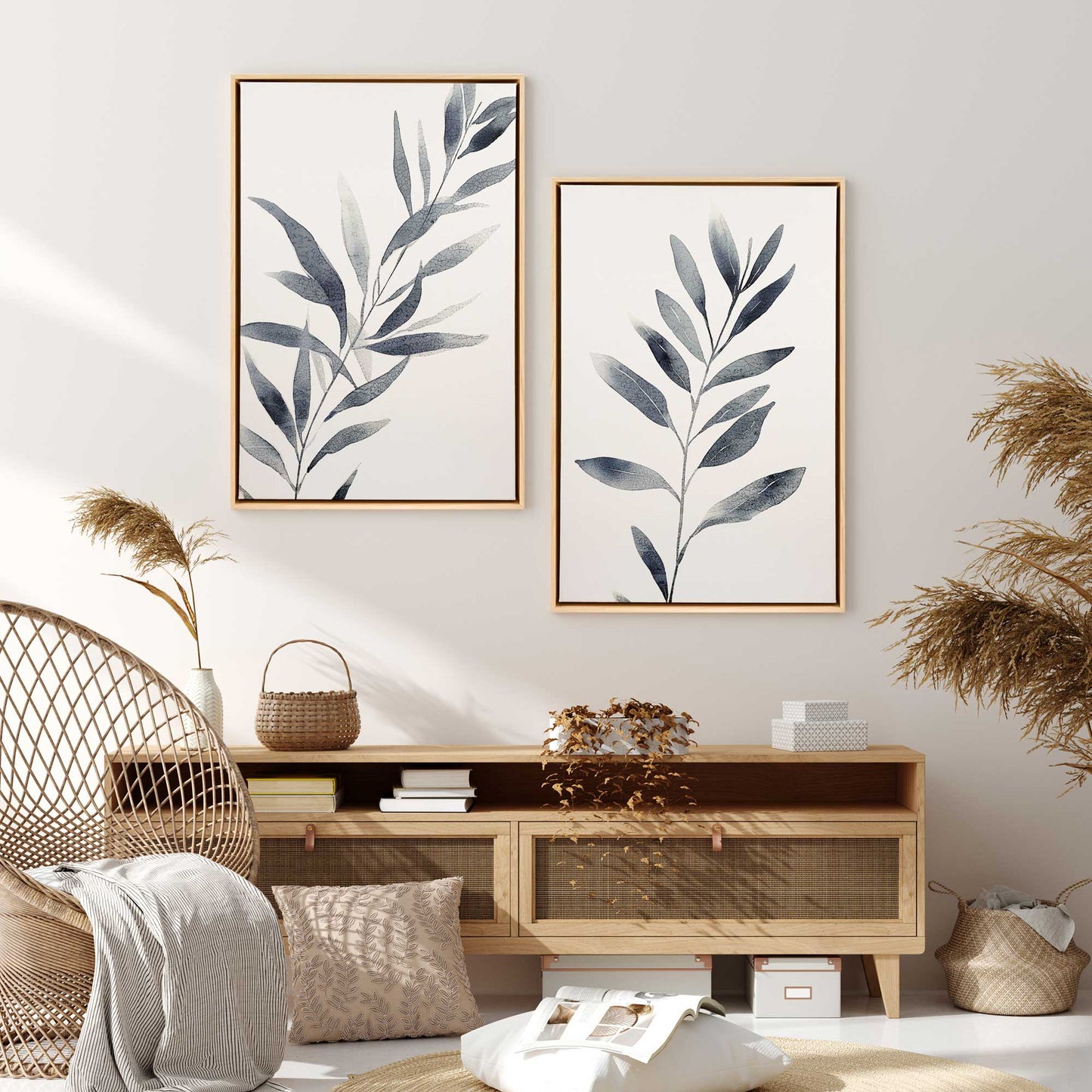 Soft Blue Leaves Canvas Print, Set of 2