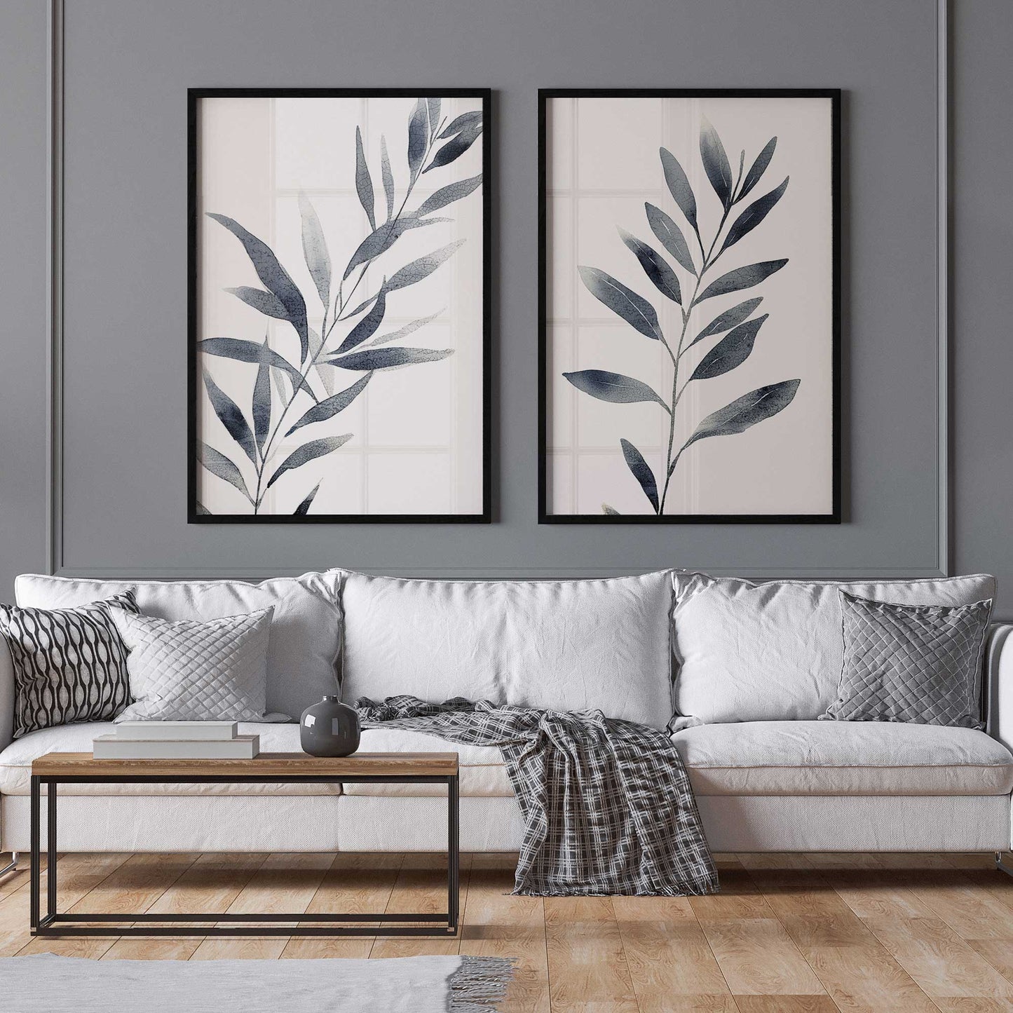 Soft Blue Leaves Art Print, Set of 2