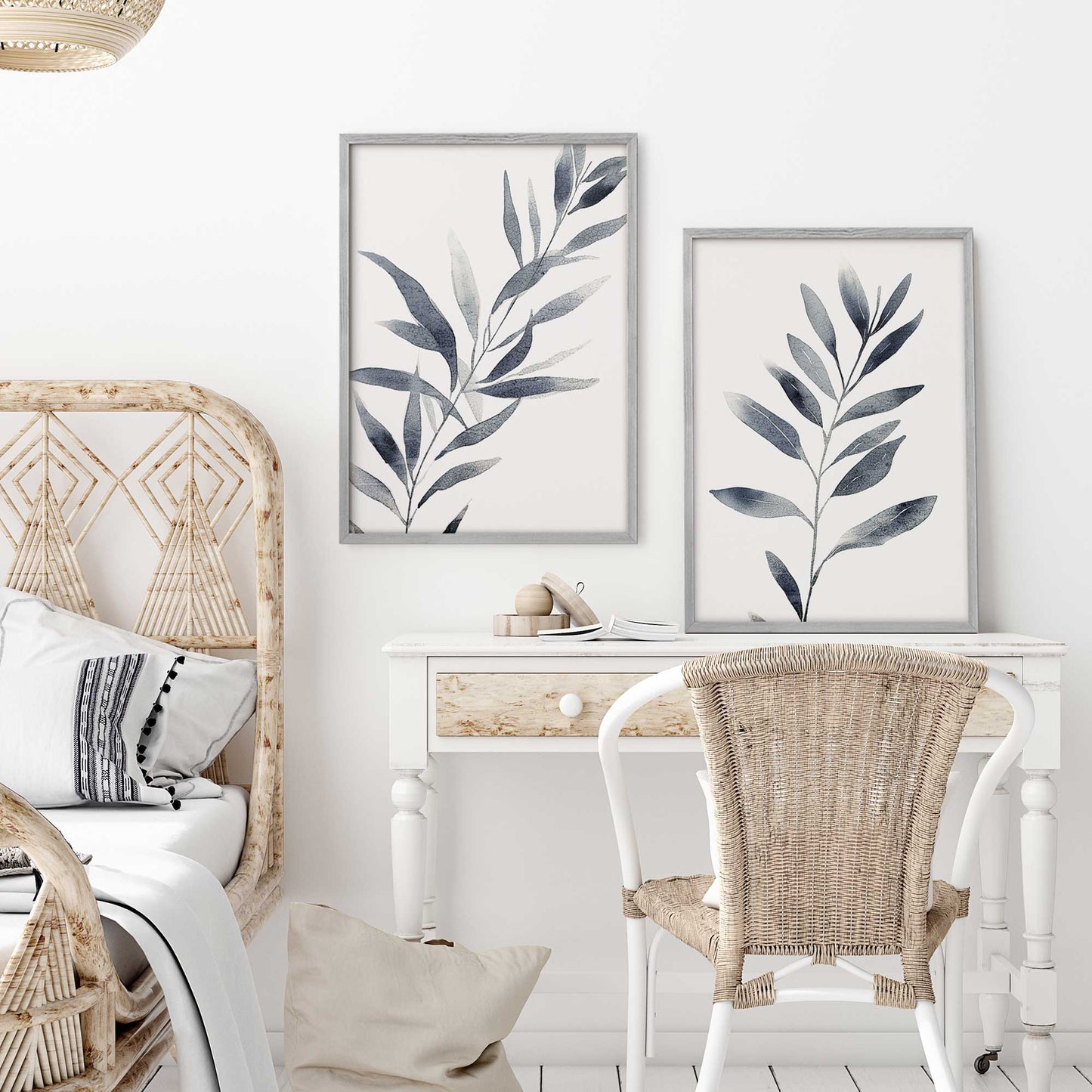 Soft Blue Leaves Art Print, Set of 2