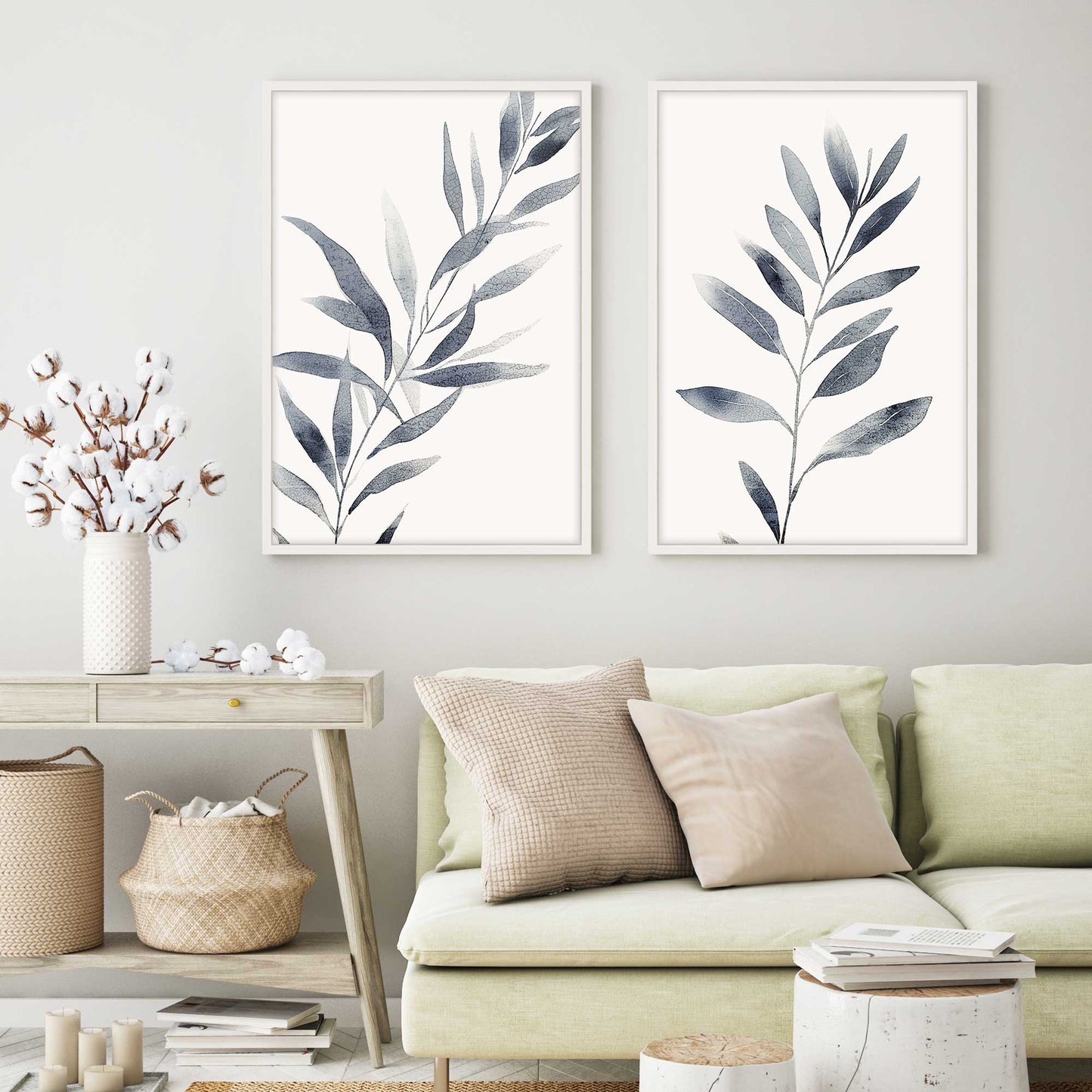 Soft Blue Leaves Art Print, Set of 2