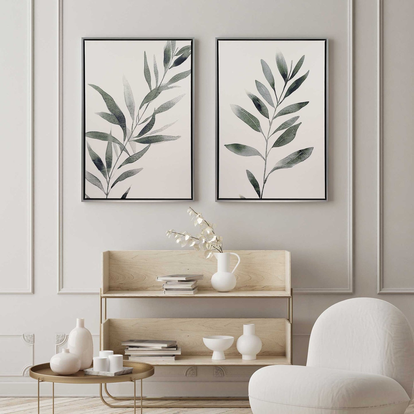 Soft Green Leaves Canvas Print, Set of 2