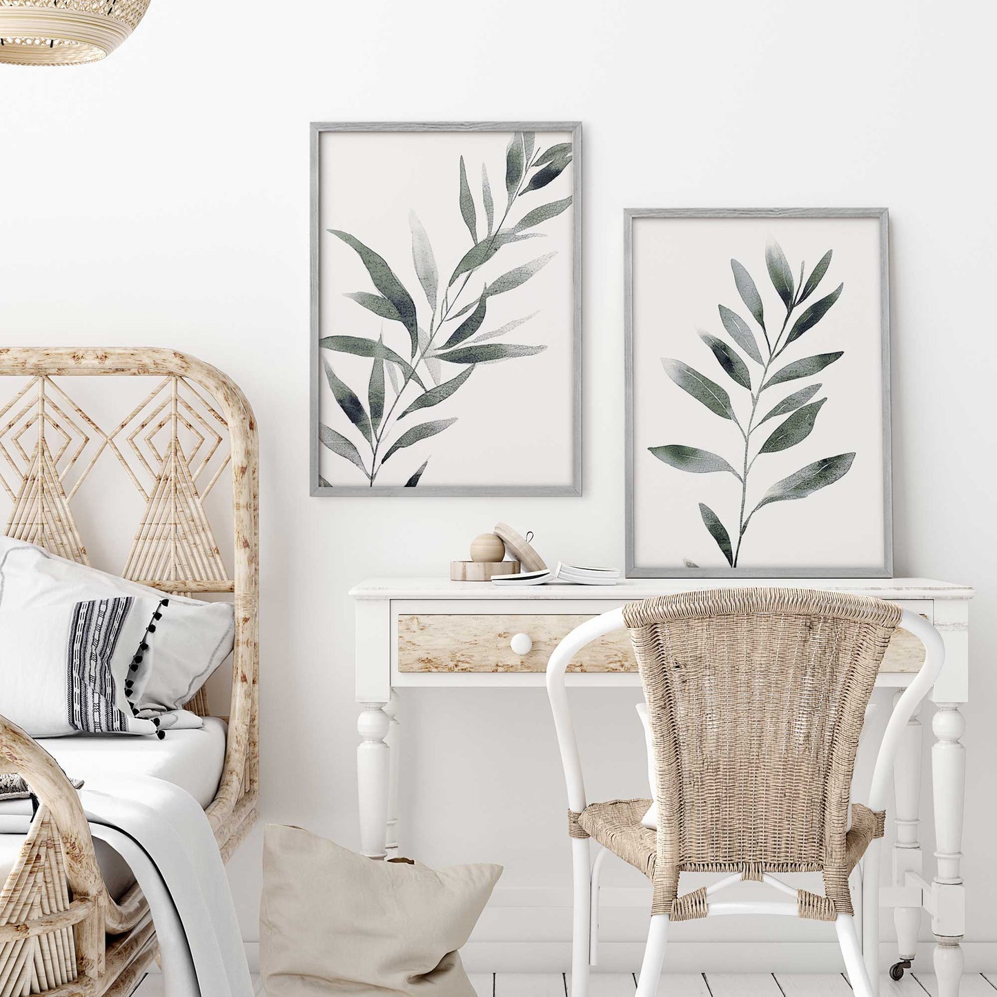 Soft Green Leaves Art Print, Set of 2