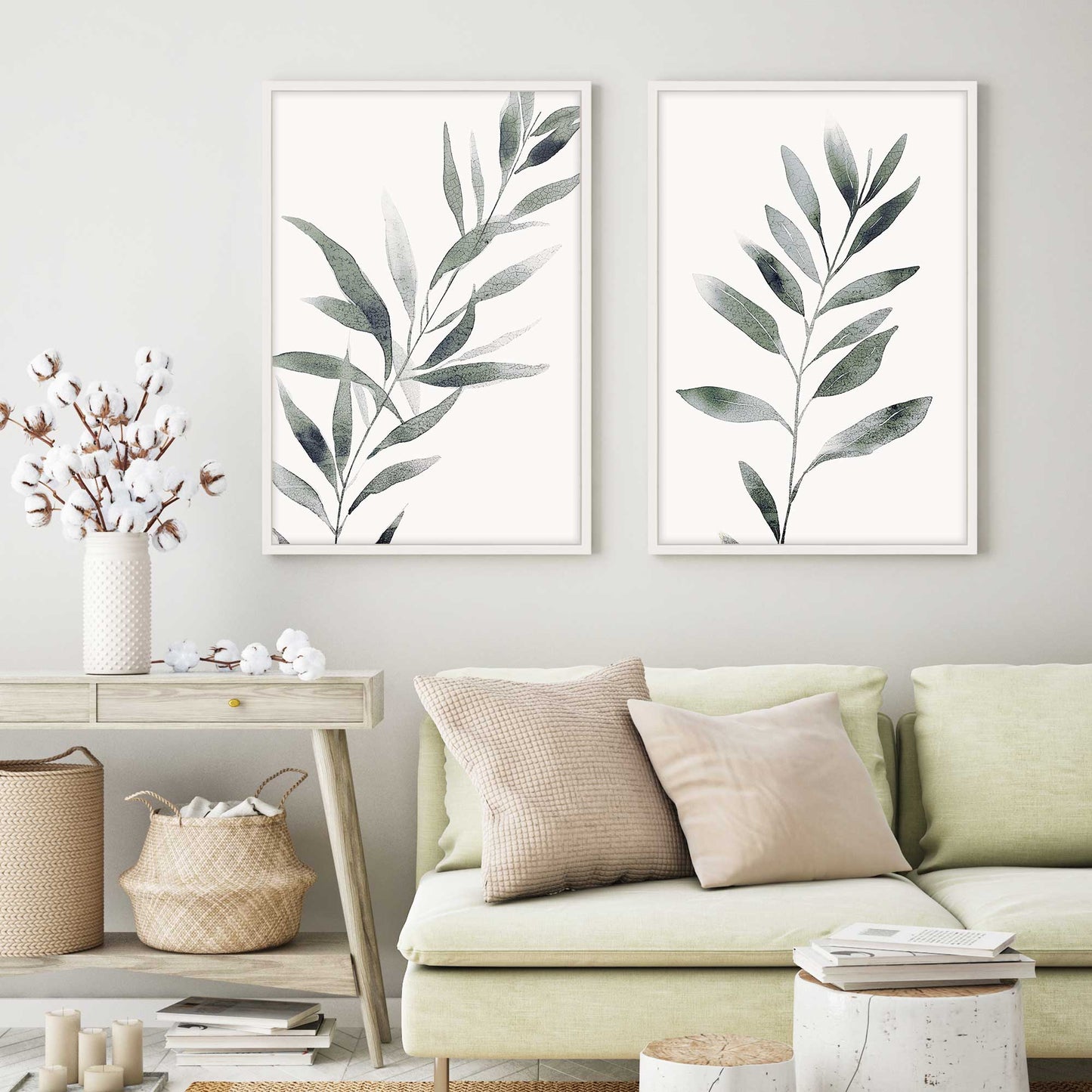 Soft Green Leaves Art Print, Set of 2
