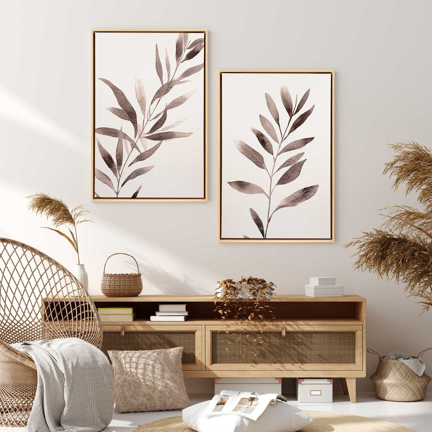 Soft Blush Leaves Canvas Print, Set of 2