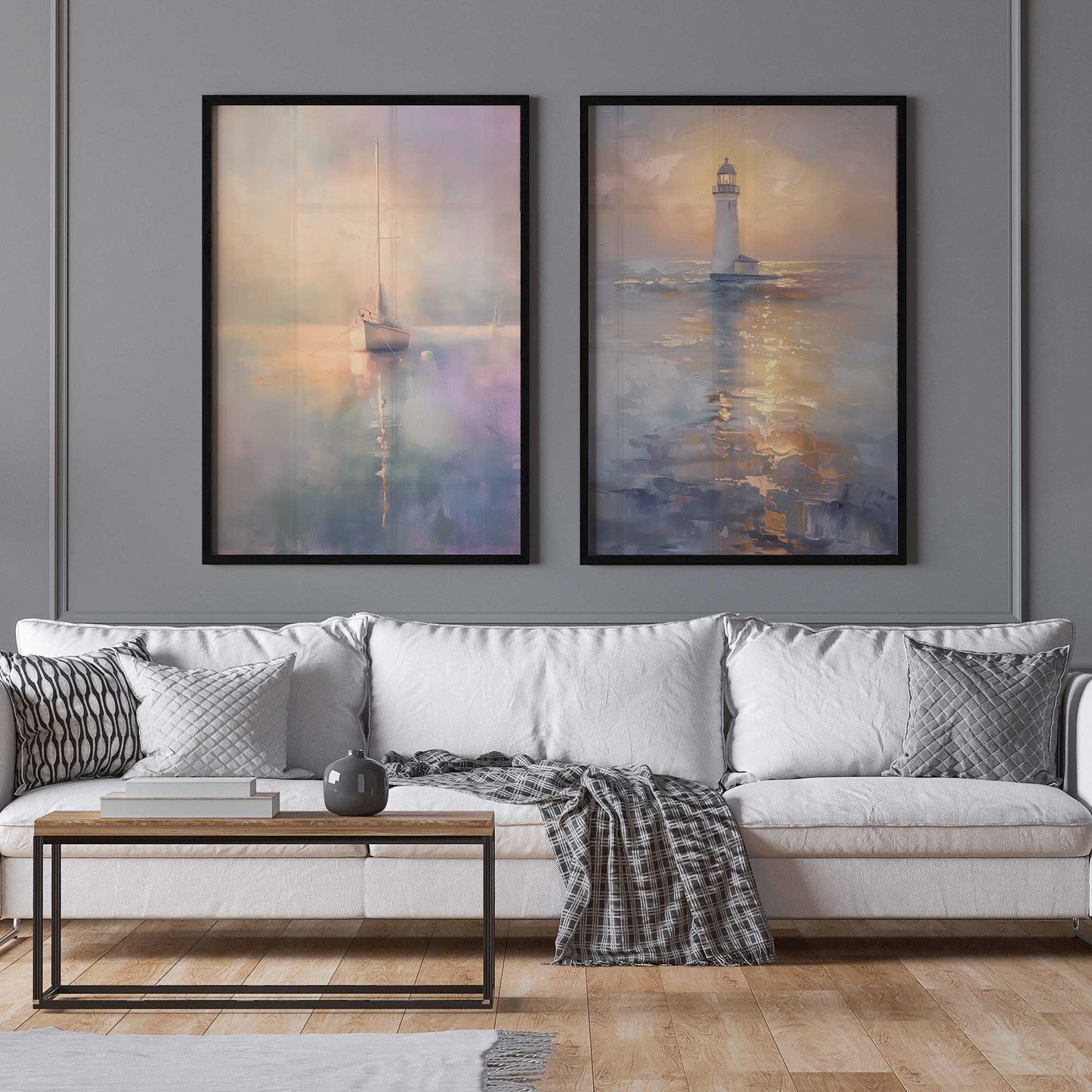 Foggy Sunset Sail Art Print, Set of 2