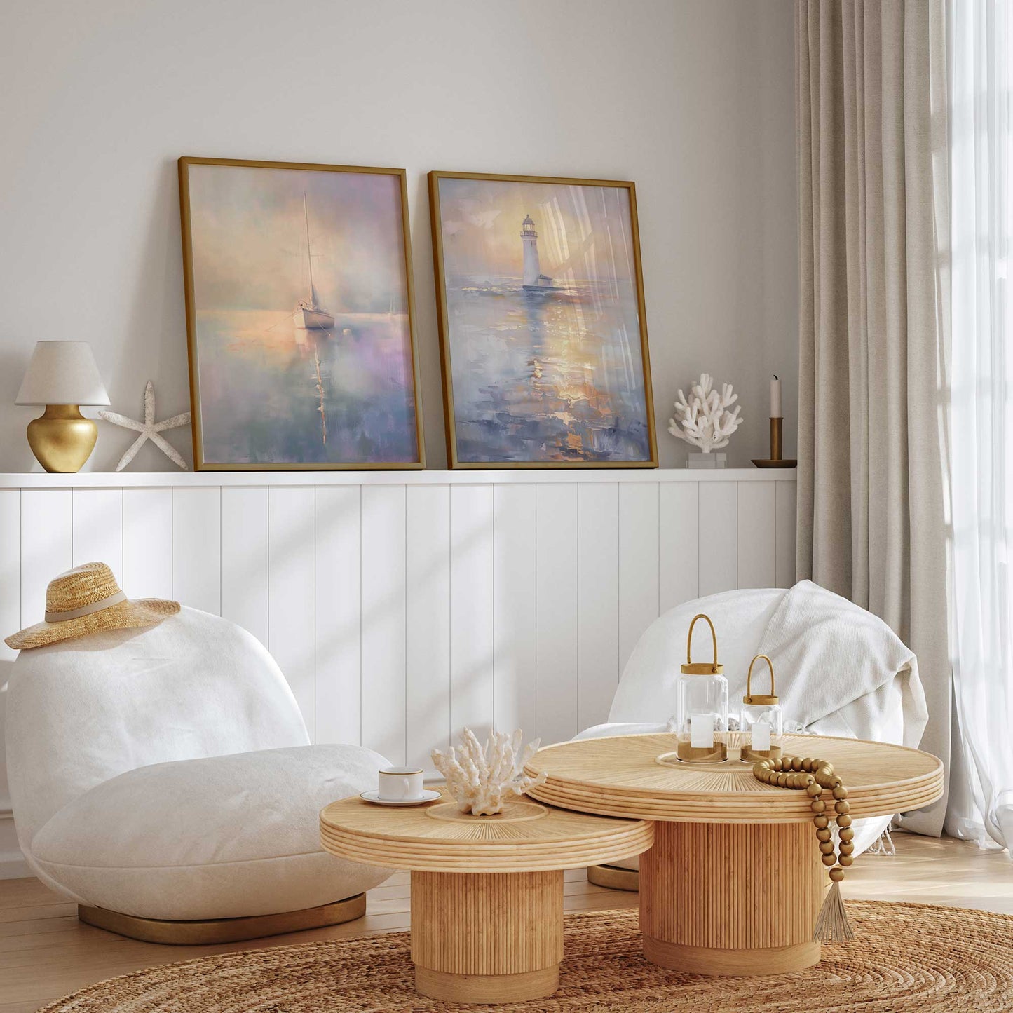 Foggy Sunset Sail Art Print, Set of 2
