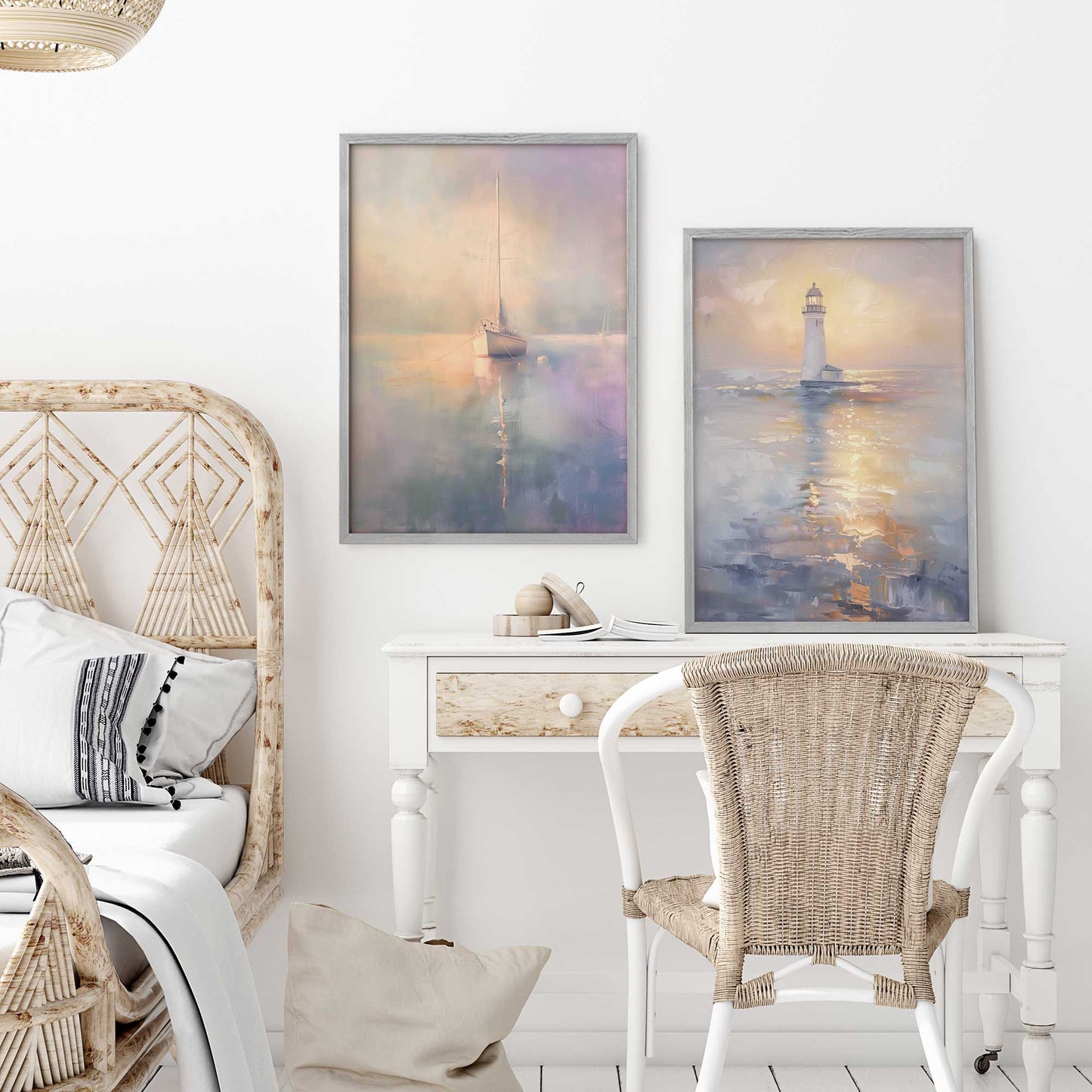 Foggy Sunset Sail Art Print, Set of 2