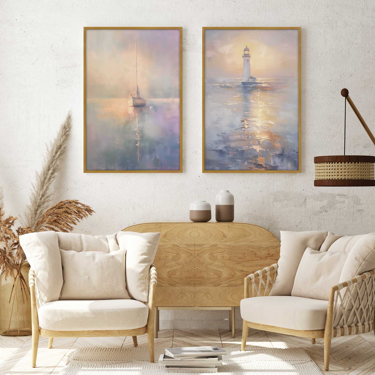 Foggy Sunset Sail Art Print, Set of 2