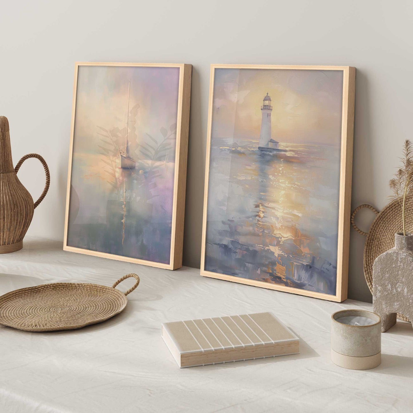 Foggy Sunset Sail Art Print, Set of 2