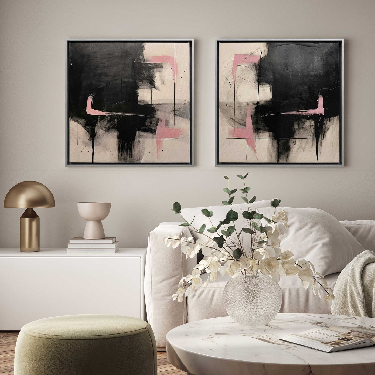 Black and Pink Echoes Canvas Print, Set of 2