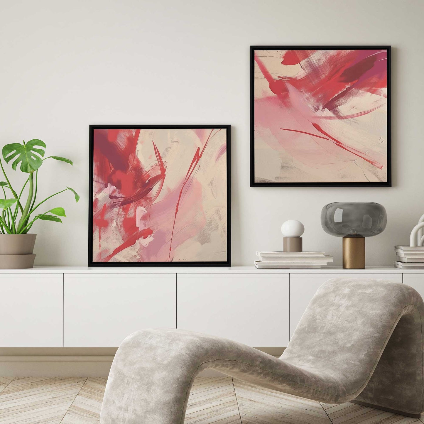 Bold Pink and Red Abstract Canvas Print, Set of 2