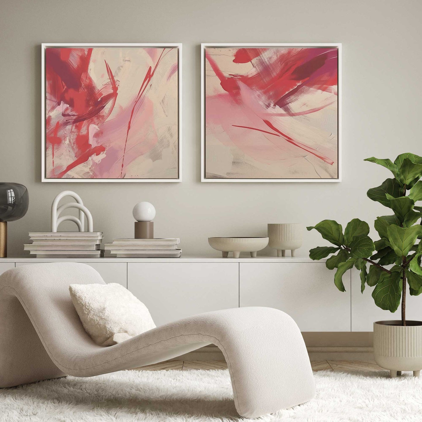 Bold Pink and Red Abstract Canvas Print, Set of 2