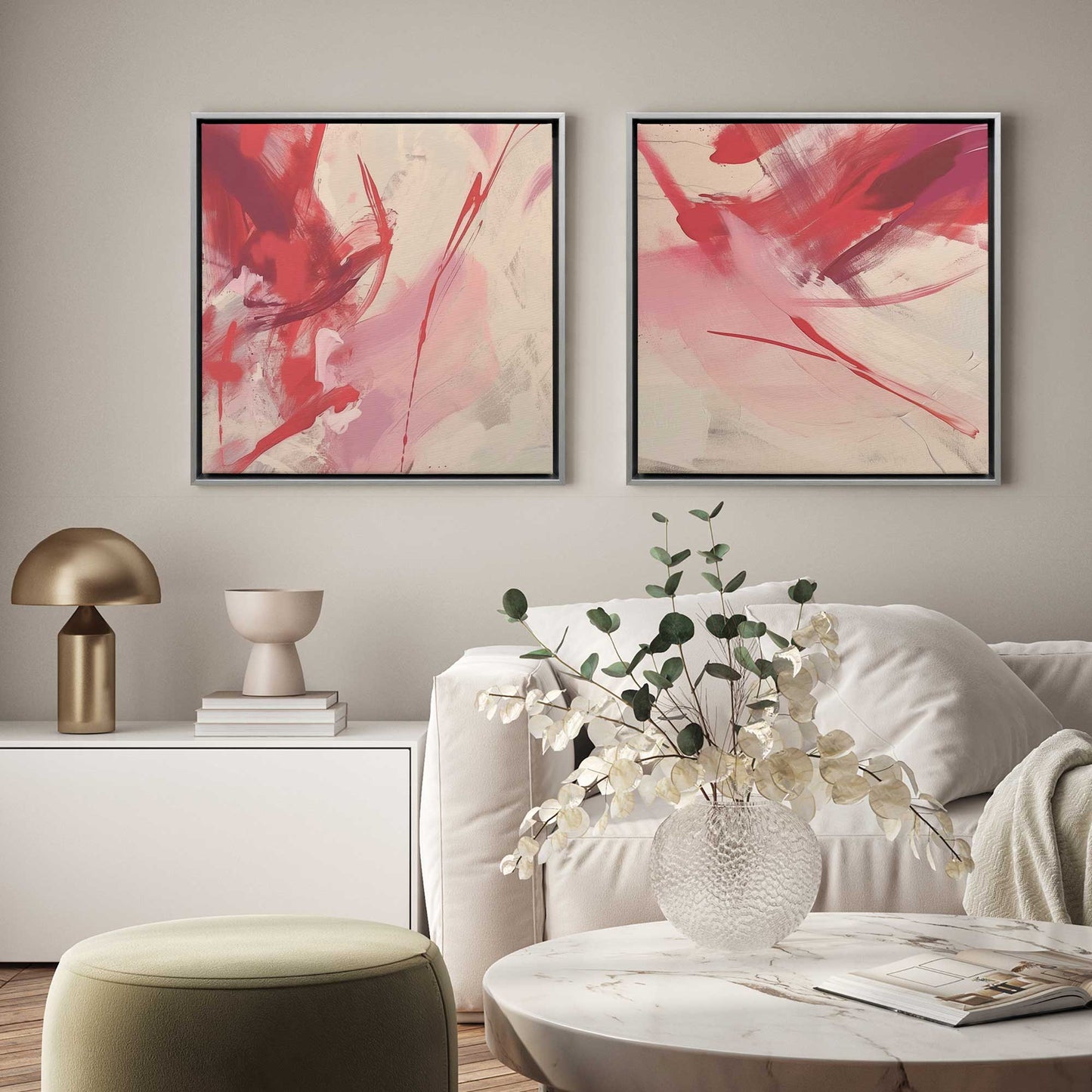 Bold Pink and Red Abstract Canvas Print, Set of 2