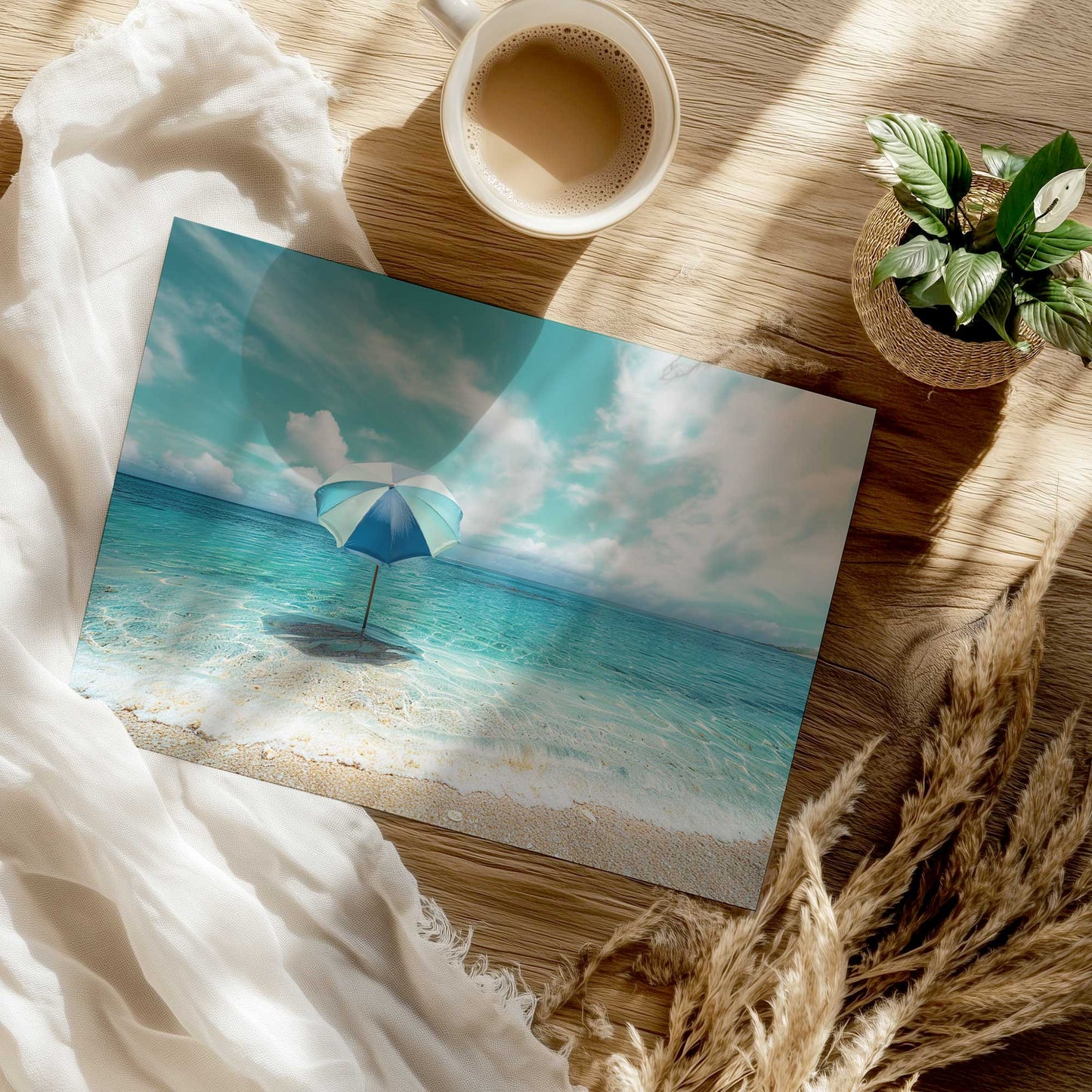 Peaceful Coastal Scene with Aqua Water and Beach Umbrella Print