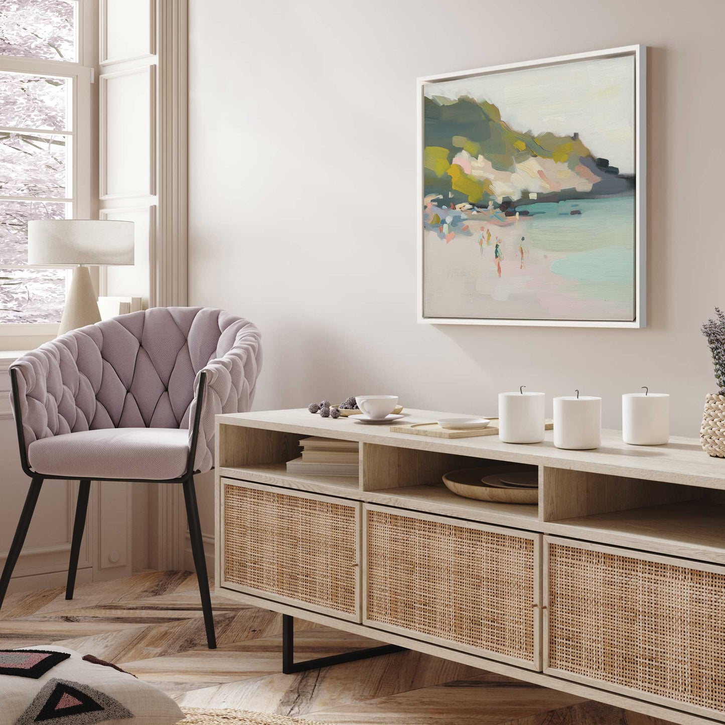 Misty Morning Beach Walk v1 Canvas Print