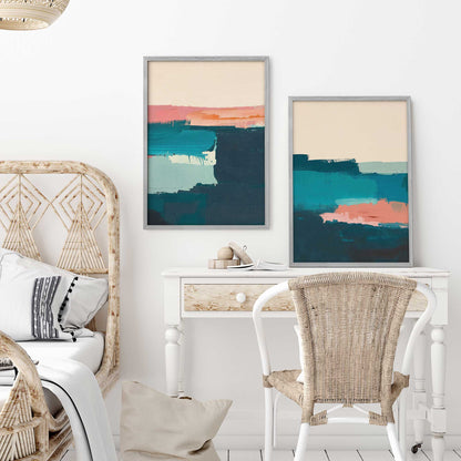 Pink and Blue Color Block Duo Art Print, Set of 2
