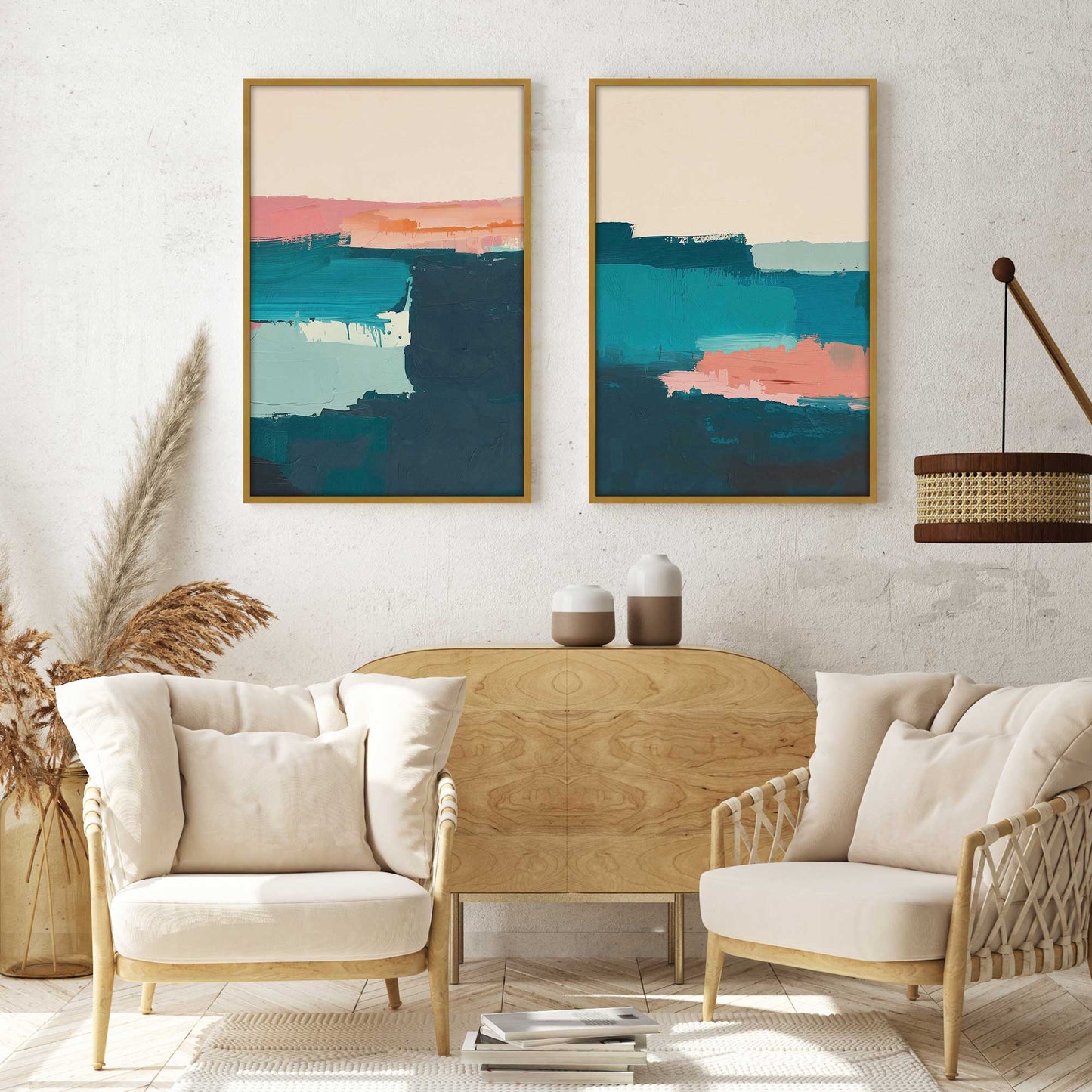 Pink and Blue Color Block Duo Art Print, Set of 2