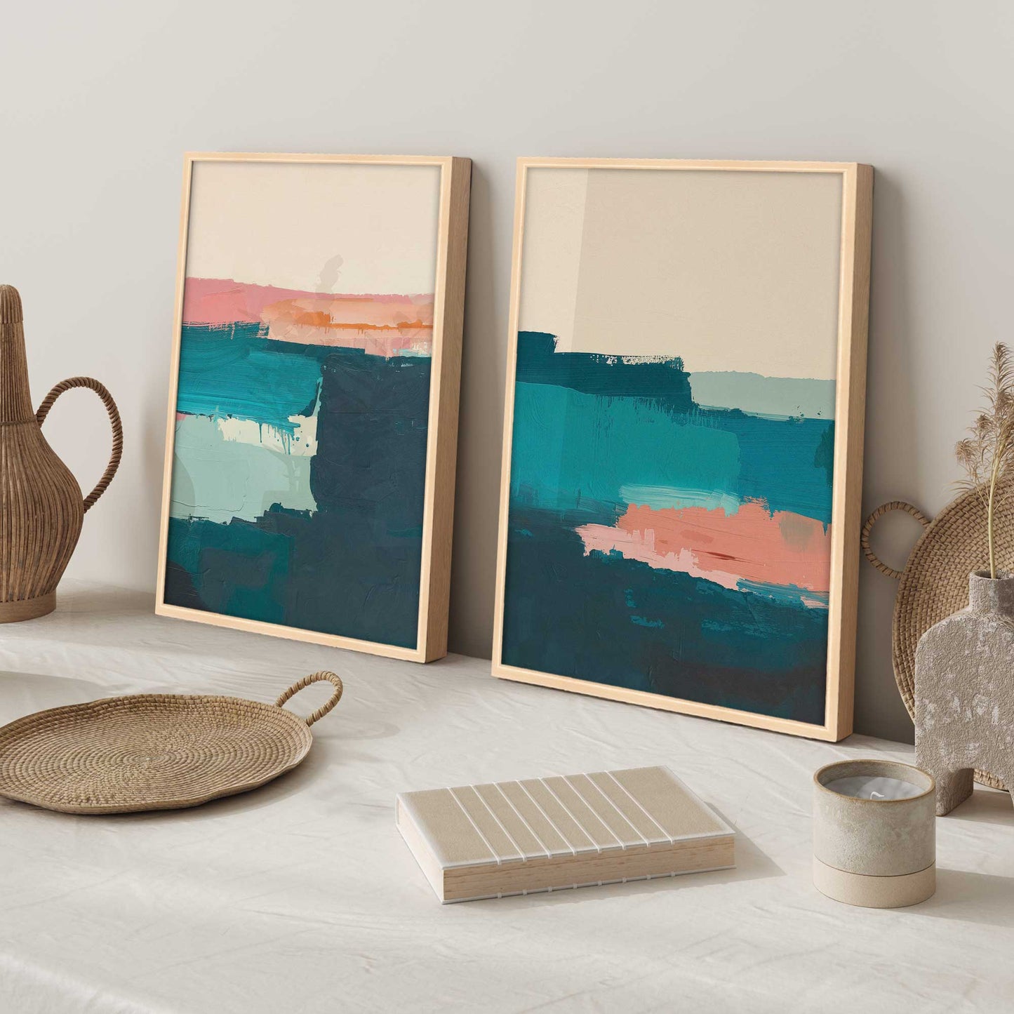 Pink and Blue Color Block Duo Art Print, Set of 2