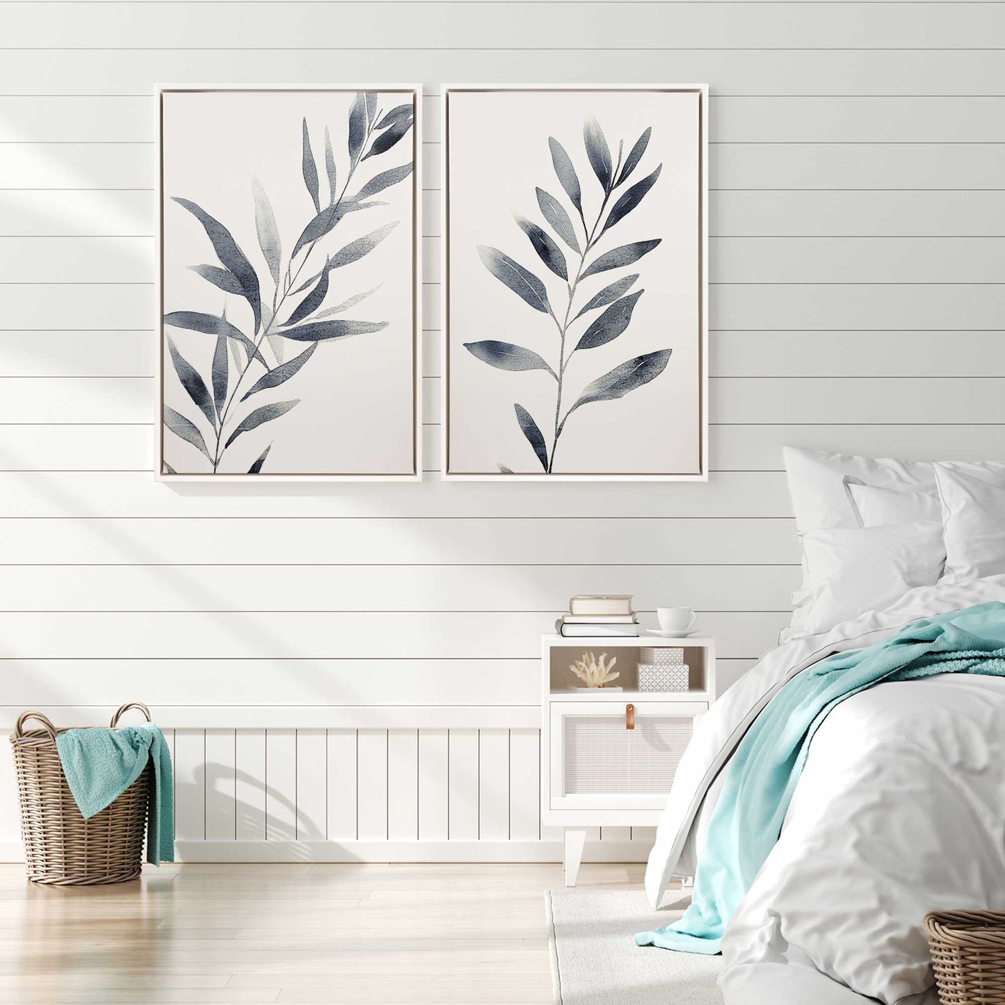 Soft Blue Leaves Canvas Print, Set of 2