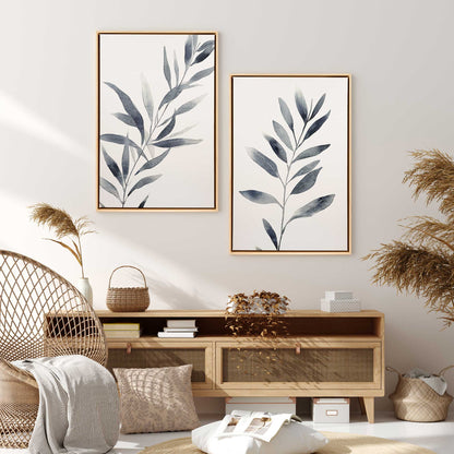 Soft Blue Leaves Canvas Print, Set of 2