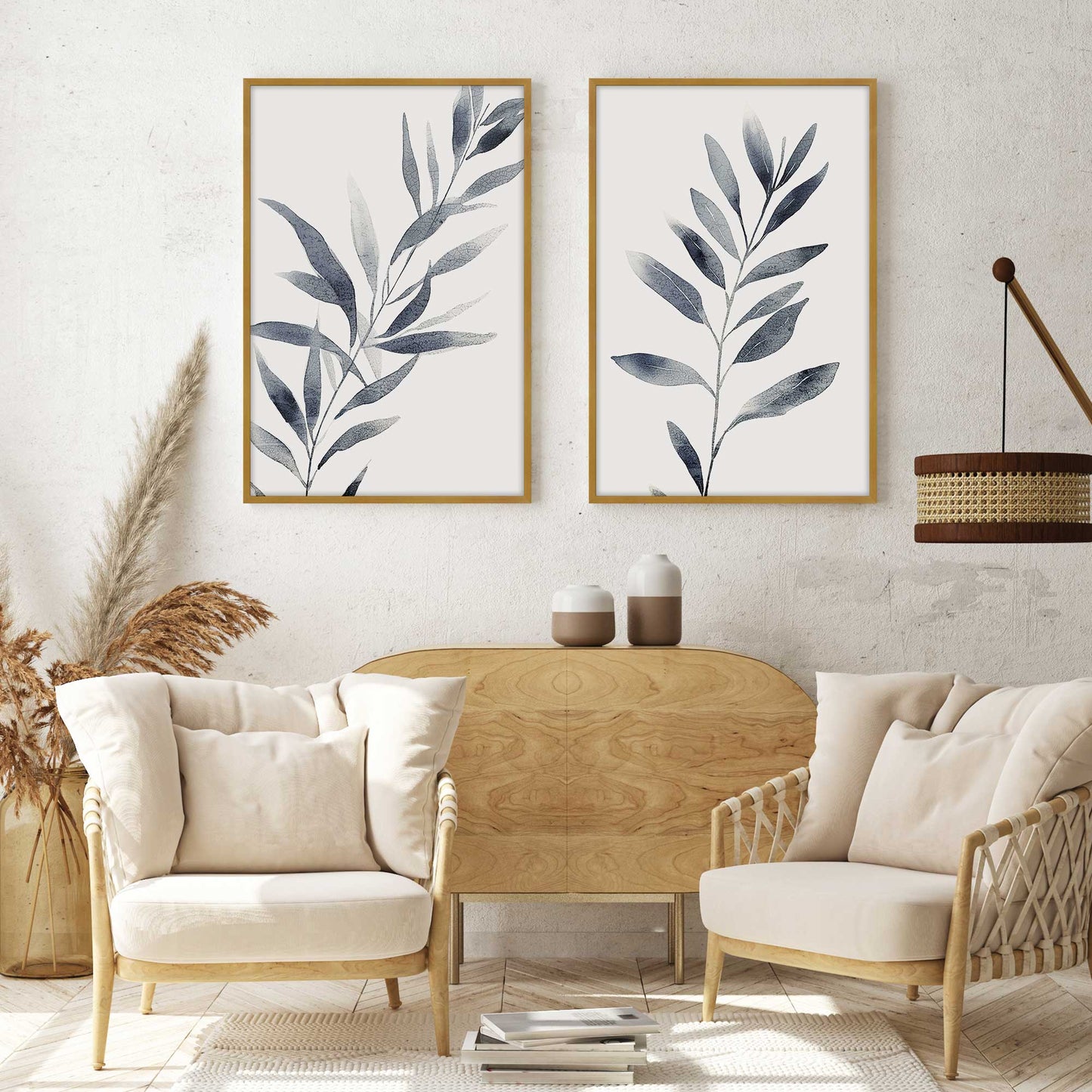 Soft Blue Leaves Art Print, Set of 2