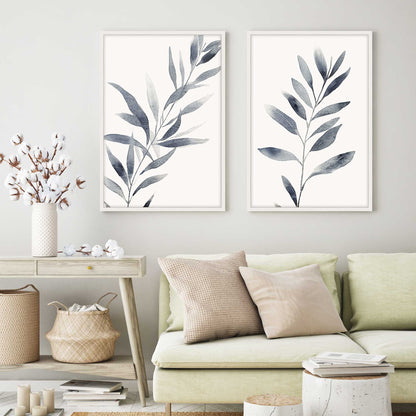 Soft Blue Leaves Art Print, Set of 2