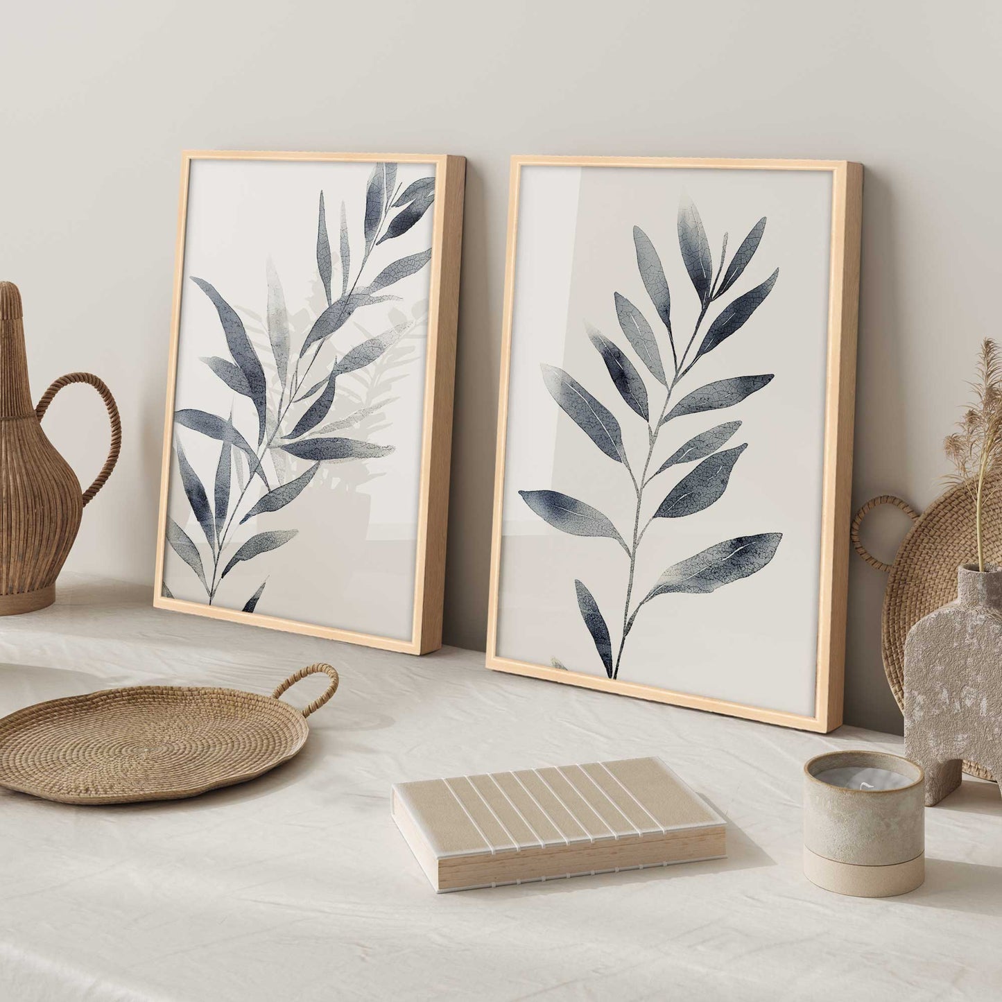 Soft Blue Leaves Art Print, Set of 2