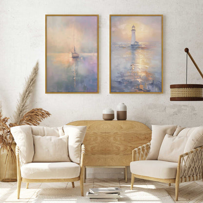 Foggy Sunset Sail  Art Print, Set of 2