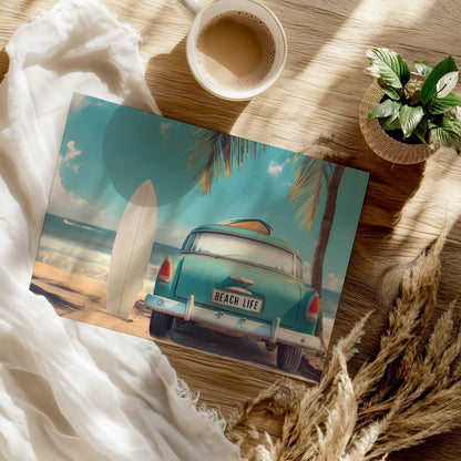 Vintage Beach Car with Surfboard and Palm Trees Print
