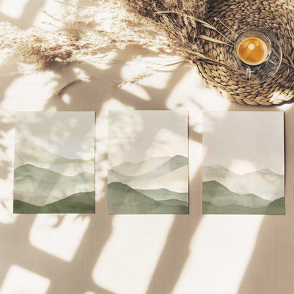Muted Green Mountain Landscape in Soft Neutrals - Set of 3 Prints