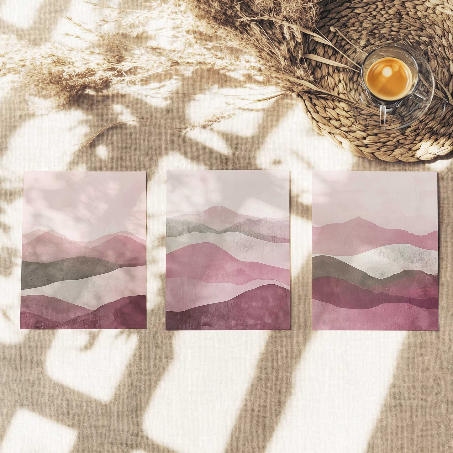 Blush Pink and Sage Green Abstract Mountain Set - Set of 3 Prints